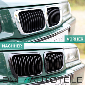 Satz 2x Kühlergrill Grill Schwarz Glanz Doppelsteg passend für BMW 3er E36 Facelift ab Baujahr 1996