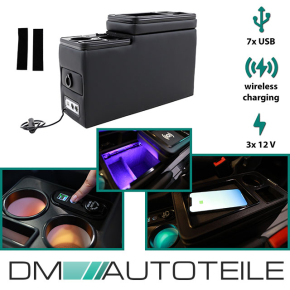 Multi LED +Induktion Staufach Mittelkonsole Ablage für VW T5 T6 alle Modelle ab 2003-2019 in Schwarz glanz mit + Multi USB