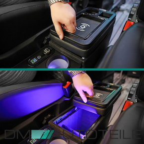 Universal storage Box with Cup Holders black gloss LED Lighting and USB Ports fits on VW T5 T6 all models