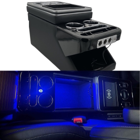 Staufach Mittelkonsole für Mercedes Vito W447 ab 2014 + Induktions Ladeschale Schwarz mit Chromapplikationen mit RGB LED + Multi USB