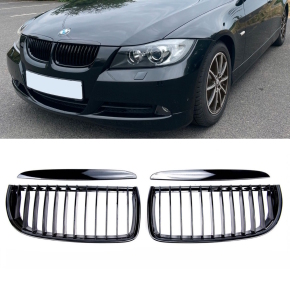 Set Sport Performance Kidney Front Grille Black Gloss fits on BMW E90 E91 up 05-08