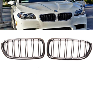1 Set Front Grille gloss black chrome Dual Slats + emblem holder fits on BMW  5