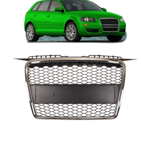 Front Grille honeycomb black chrome + license plate holder + fitts on Audi A3 8P 8PA 05-08 w/o RS3