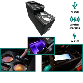 Multi LED +Induktion Staufach Mittelkonsole Ablage für VW T5 T6 alle Modelle ab 2003-2019 in Schwarz Chrom + Multi USB
