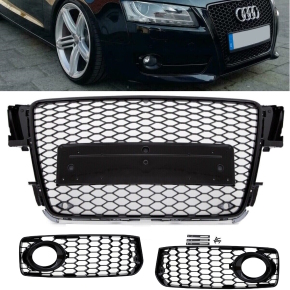 Kühlergrill Grill Wabendesign hochglanz Schwarz +Gitter Set passt für Audi A5 8T Baujahr 2007-2011 S-Line nicht RS5