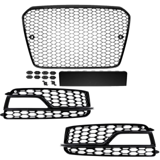 Set Honeycomb Front Grille +Fogs Cover Black Gloss fits on Audi A5 8T Facelift up 11-17 S-Line S5 without RS5