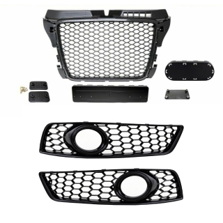 Set badgeless honeycomb Front Grille +Fog Lights Cover Black gloss fits on Audi A3 8P Facelift up 2008-2013 with standard Bumper