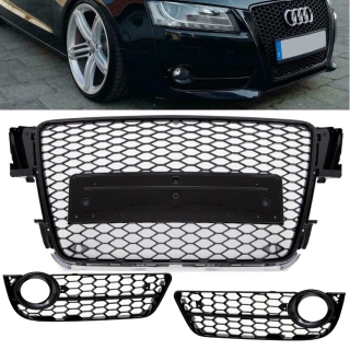 Kühlergrill Grill Wabendesign hochglanz Schwarz +Gitter Set passt für Audi A5 8T Baujahr 2007-2011 S-Line nicht RS5