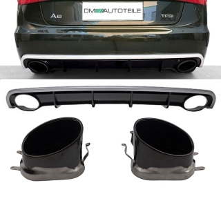 Diffuser Bumper + for tail pipes black gloss set oval for Audi A6 C7 4G to RS6 models 12-15